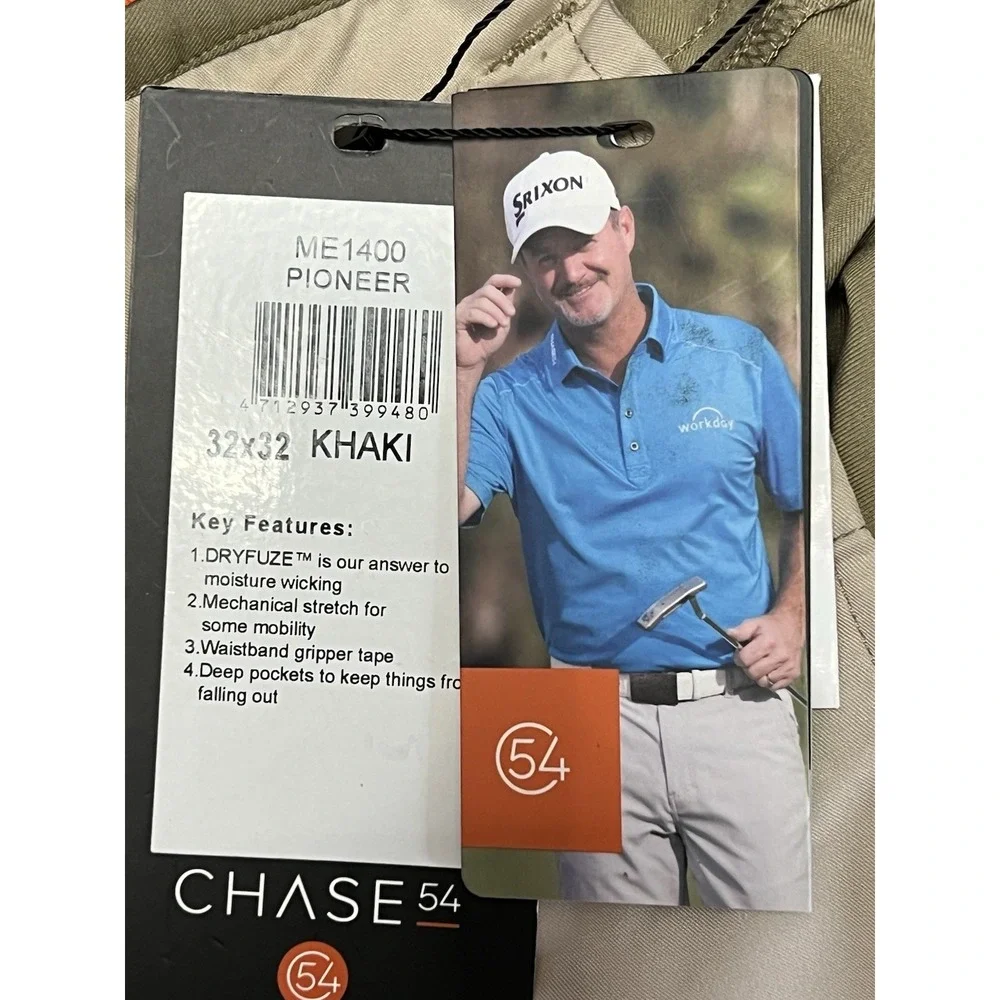 Chase 54 Men's Pioneer Pants Khaki Size 32x32 Dryfuze Wicking Golf Relaxed‎ NWT